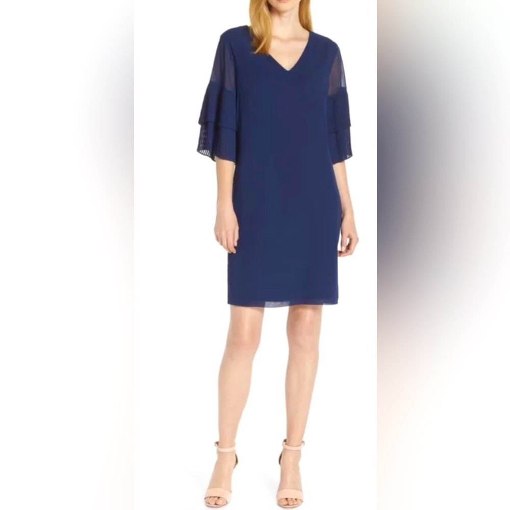 Sam Edleman V-Neck Navy Chiffon Shift Dress w 1/2 Tiered Pleated Sleeves